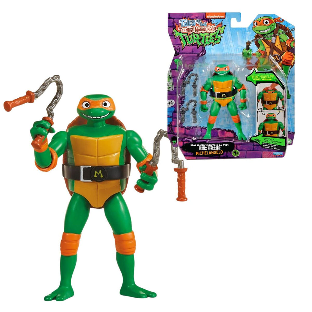 Boneco Colecionável Michelangelo Tartarugas Ninja com Cabeça Retrátil, Articulado e com Acessórios – 11cm de Altura, Produto Licenciado