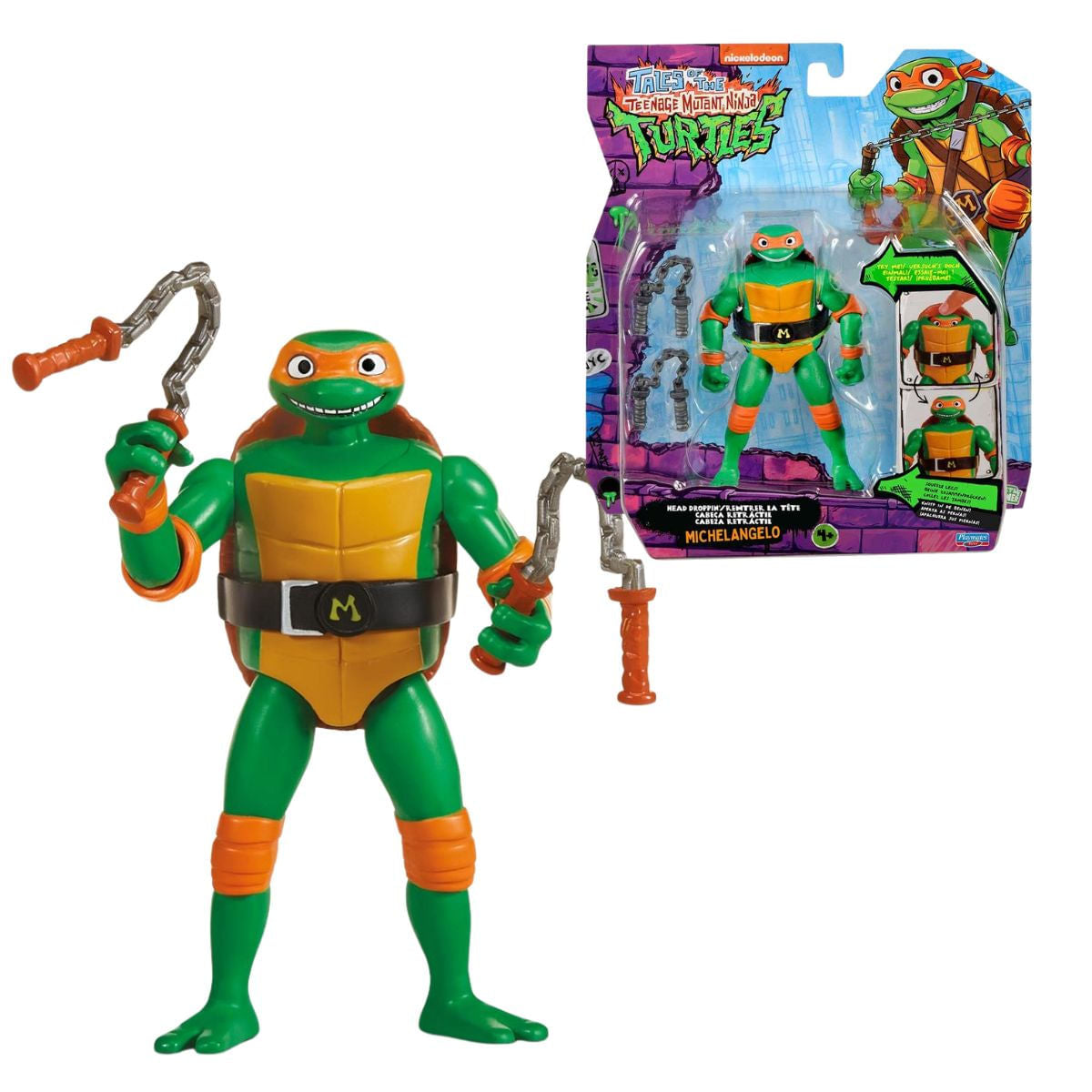 Boneco Colecionável Michelangelo Tartarugas Ninja com Cabeça Retrátil, Articulado e com Acessórios – 11cm de Altura, Produto Licenciado