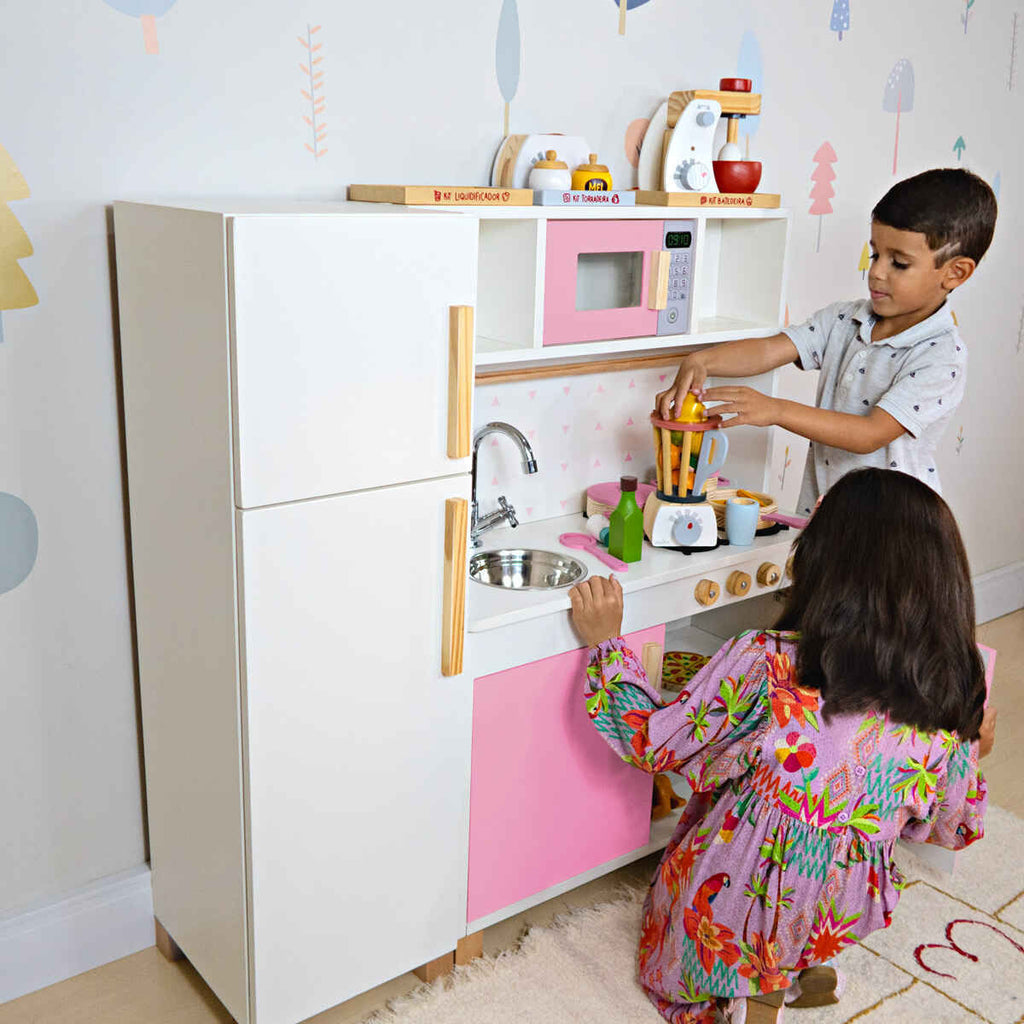 Kit Cozinha Infantil com Geladeira Rosa