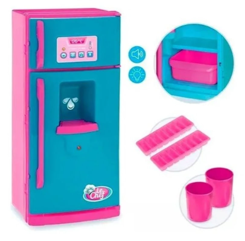 Geladeira De Brinquedo Com Acessórios Luz E Som Cor Rosa e Azul