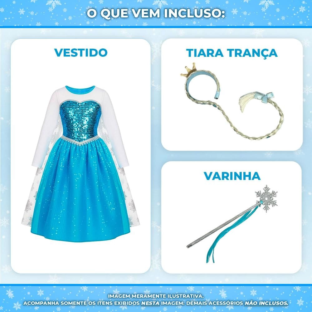 Vestido Elsa Frozen Infantil Fantasia Luxuosa com Capa Coroa