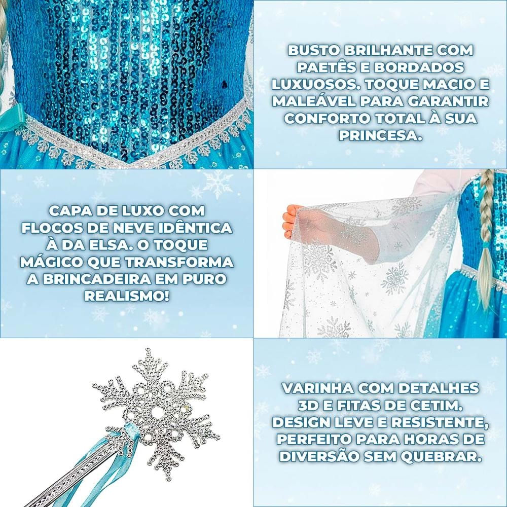 Vestido Elsa Frozen Infantil Fantasia Luxuosa com Capa Coroa