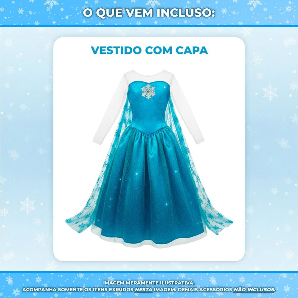 Fantasia Frozen Infantil Vestido Elsa Capa Longa e Brilhante