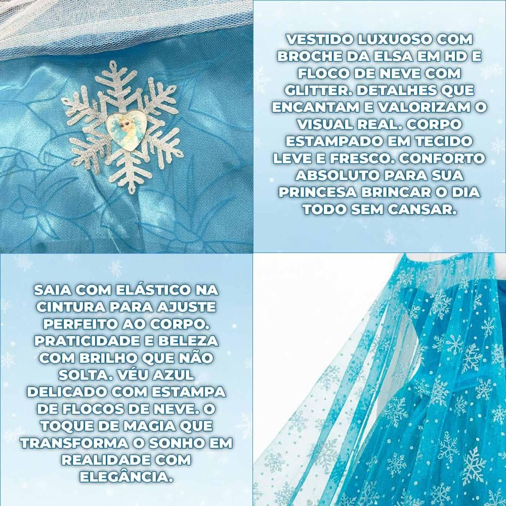 Fantasia Frozen Infantil Vestido Elsa Capa Longa e Brilhante