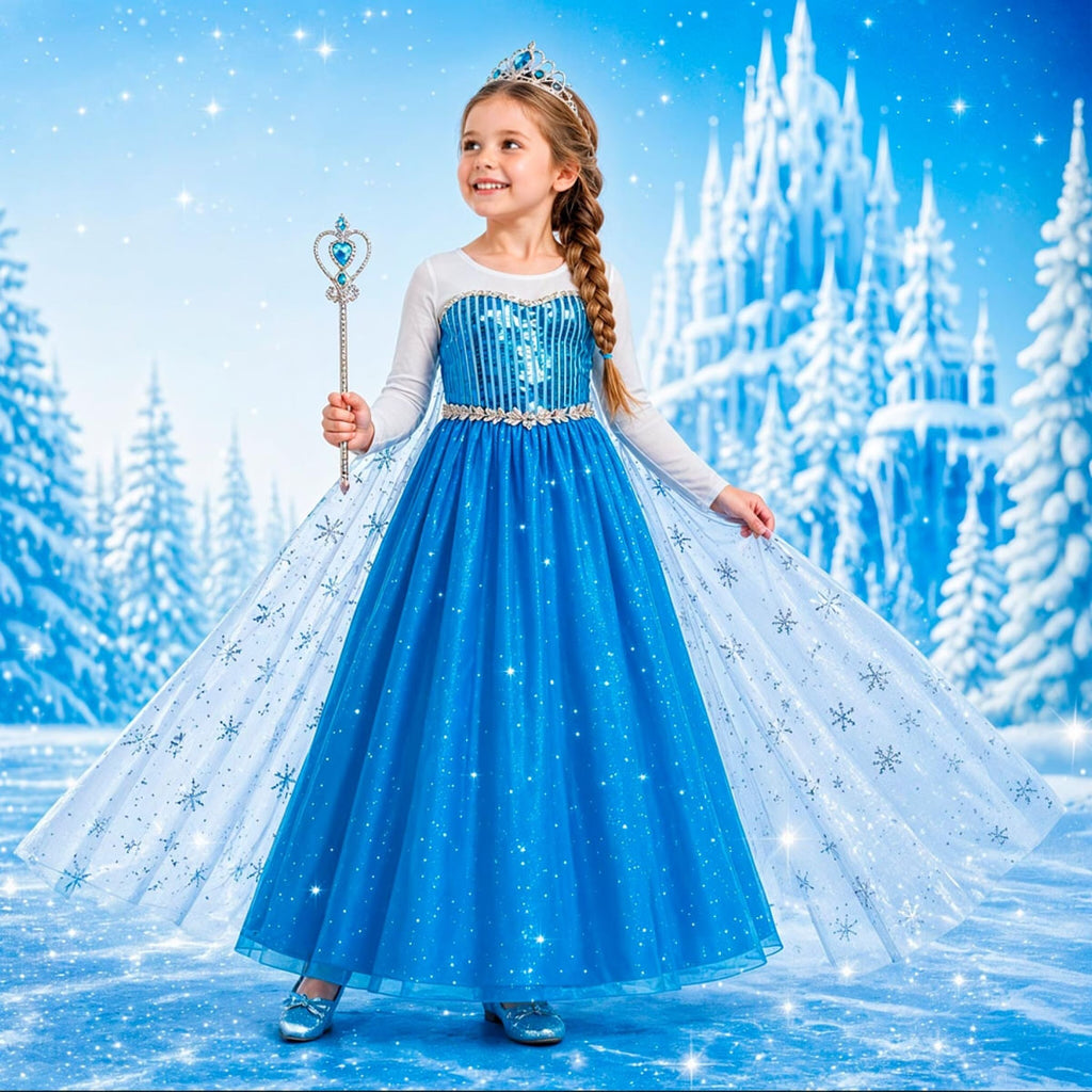 Fantasia Frozen Infantil Luxo Vestido Princesa Elsa Longo com Capa e Acessórios