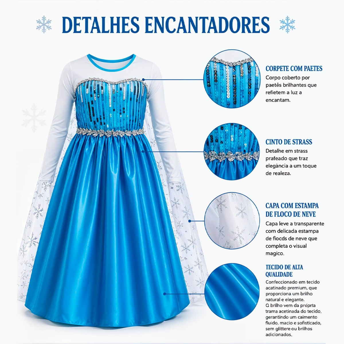 Fantasia Frozen Infantil Luxo Vestido Princesa Elsa Longo com Capa e Acessórios
